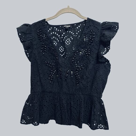 Express Tops - Express Beaded Black Eyelet Ruffle Sleeves Top Whimsigoth‎ Festival Gypsy Size M